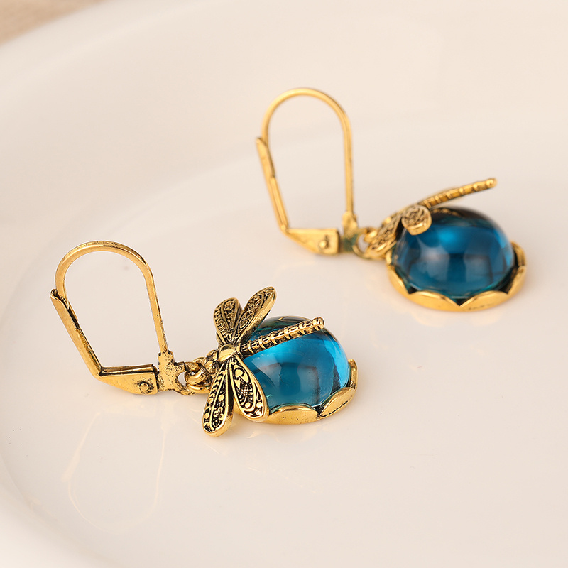 Golden Dragonfly Pendant Earrings with Moonstone Accents